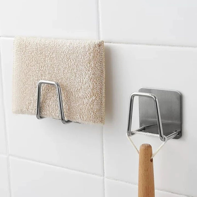 Stainless Steel Sink Sponge Holder with Self-Adhesive Drain Drying Rack - Kitchen Wall Hooks Storage Organizer