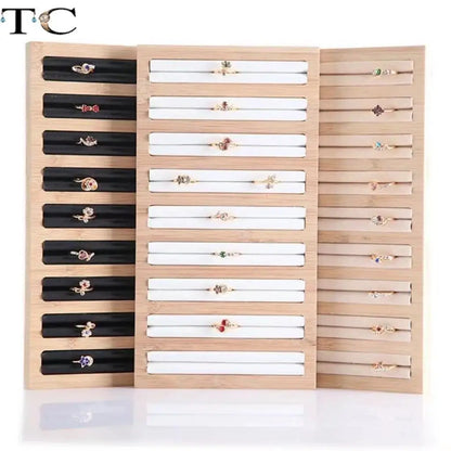 Bamboo Jewelry Display Stand with 9 Lines for Rings and Accessories