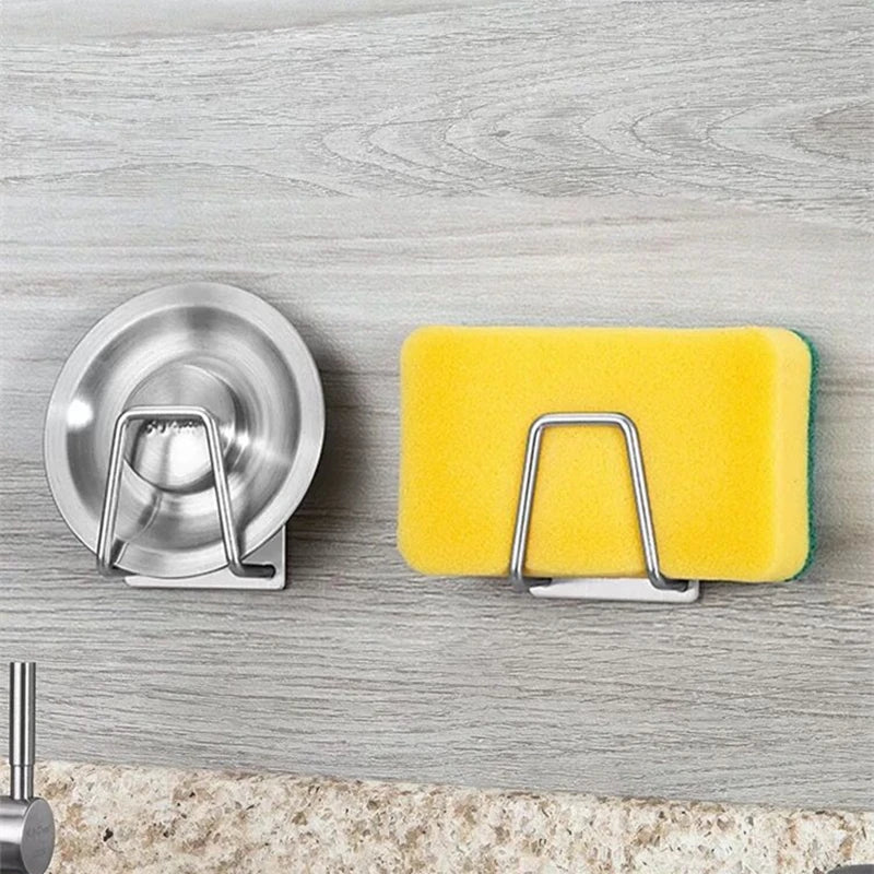 Stainless Steel Sink Sponge Holder with Self-Adhesive Drain Drying Rack - Kitchen Wall Hooks Storage Organizer