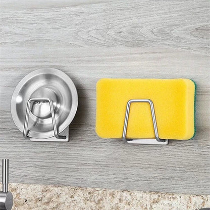 Stainless Steel Sink Sponge Holder with Self-Adhesive Drain Drying Rack - Kitchen Wall Hooks Storage Organizer