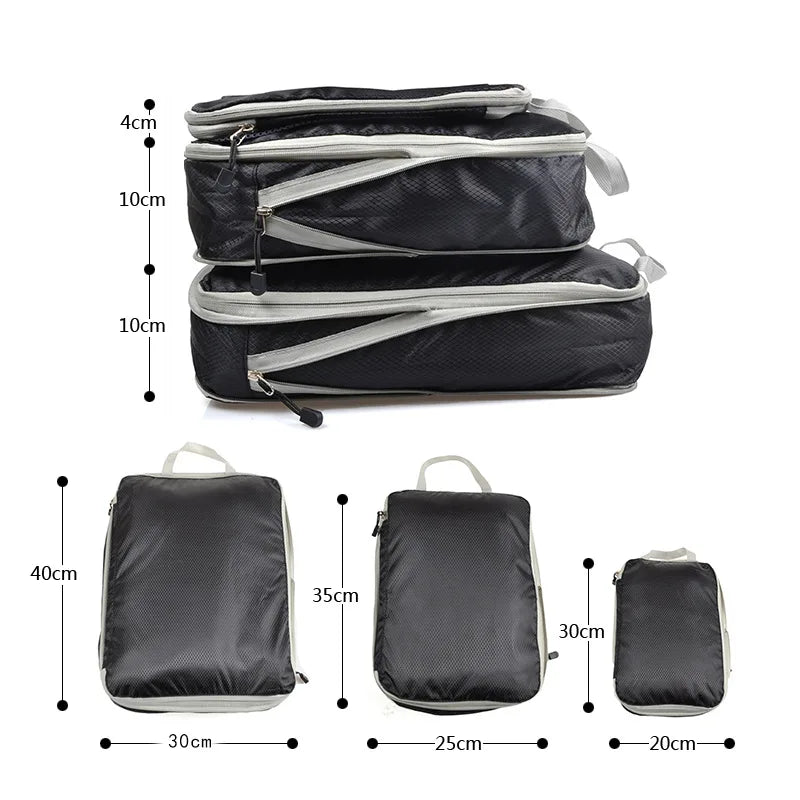 Foldable and Compressible Waterproof Packing Cubes - Nylon Travel Storage Bags with Handbag and Luggage Organizer