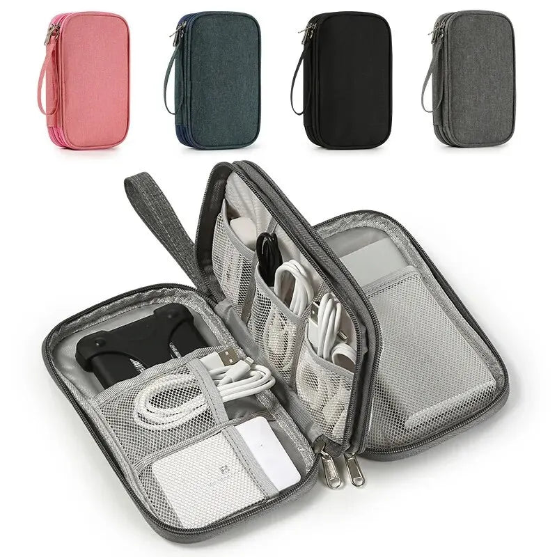 Portable Digital Storage Bag for Travel - USB Data Cable and Headset Organizer in Pink, Grey, Black, and Navy