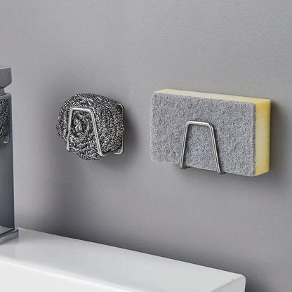 Stainless Steel Sink Sponge Holder with Self-Adhesive Drain Drying Rack - Kitchen Wall Hooks Storage Organizer