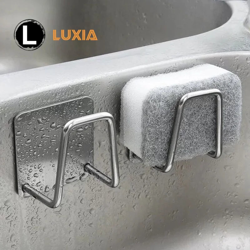 Stainless Steel Sink Sponge Holder with Self-Adhesive Drain Drying Rack - Kitchen Wall Hooks Storage Organizer