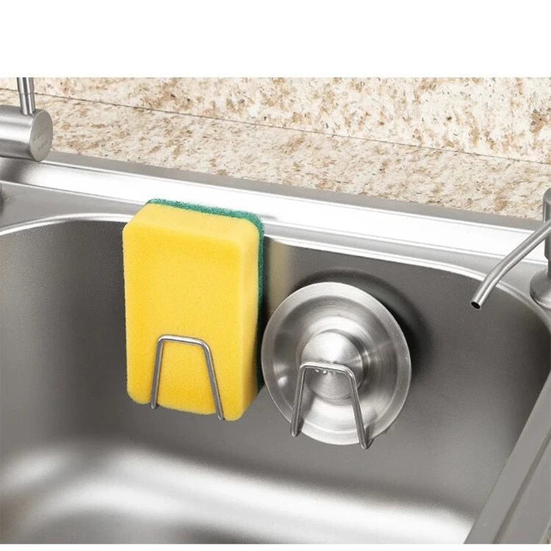 Stainless Steel Sink Sponge Holder with Self-Adhesive Drain Drying Rack - Kitchen Wall Hooks Storage Organizer