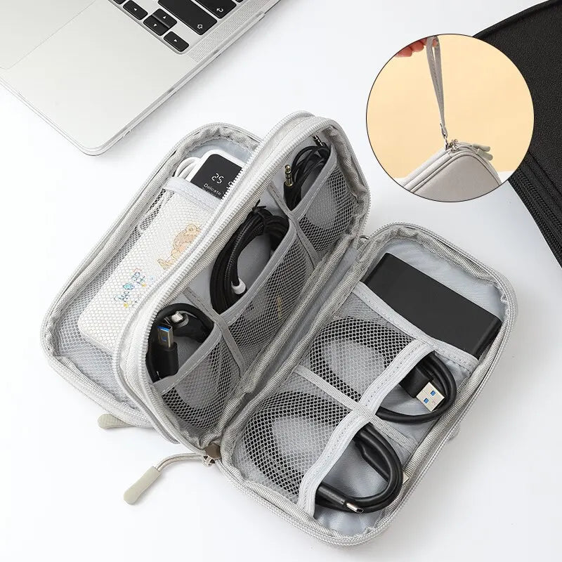 Portable Digital Storage Bag for Travel - USB Data Cable and Headset Organizer in Pink, Grey, Black, and Navy